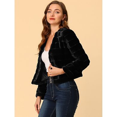 Women's Long Sleeve Solid Color Collarless Shaggy Soft Faux Fur Coat