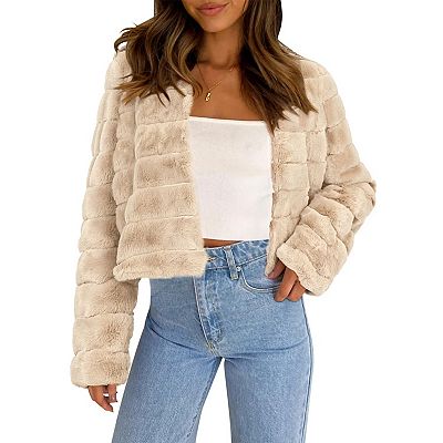 Women's Long Sleeve Solid Color Collarless Shaggy Soft Faux Fur Coat