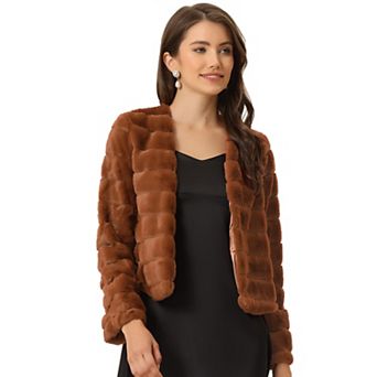 Women's Long Sleeve Solid Color Collarless Shaggy Soft Faux Fur Coat