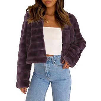 Women's Long Sleeve Solid Color Collarless Shaggy Soft Faux Fur Coat