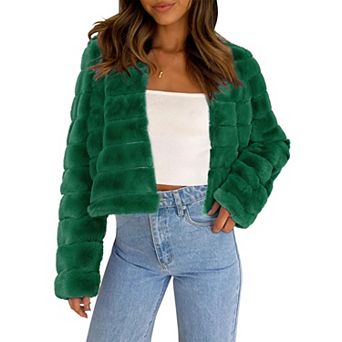 Women's Long Sleeve Solid Color Collarless Shaggy Soft Faux Fur Coat