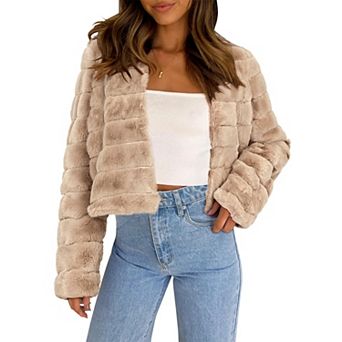 Women's Long Sleeve Solid Color Collarless Shaggy Soft Faux Fur Coat