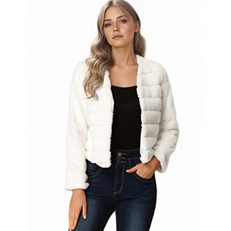 Women's Long Sleeve Solid Color Collarless Shaggy Soft Faux Fur Coat