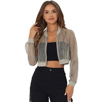 Crop Bomber Jacket for Women's Casual Lightweight Zip Up Jackets