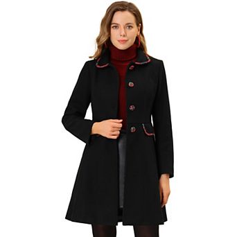 Women's Peter Pan Collar Contrast Trim Single Breasted Winter Long Coat