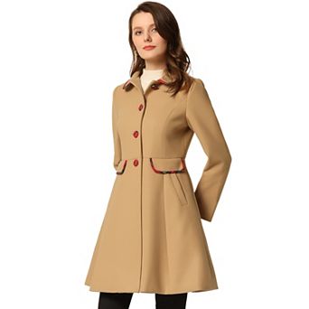 Women's Peter Pan Collar Contrast Trim Single Breasted Winter Long Coat