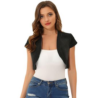 Women's Casual Crop Shrug Cardigan Fit Cap Sleeve Denim Jacket