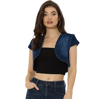 Women's Casual Crop Shrug Cardigan Fit Cap Sleeve Denim Jacket