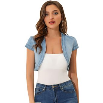Women's Casual Crop Shrug Cardigan Fit Cap Sleeve Denim Jacket