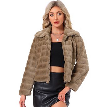 Women's Faux Fur Turn Down Collar Open Front Cropped Fluffy Jacket