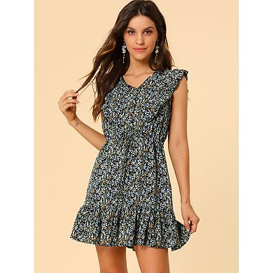 Women's V Neck Sleeveless Floral Print A-Line Casual Dress