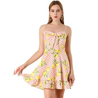 Women's Spaghetti Strap Bowknot Lemon Dotted Summer Dress