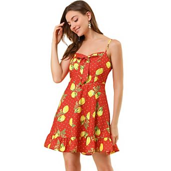 Women's Spaghetti Strap Bowknot Lemon Dotted Summer Dress