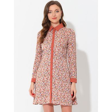 Women's Contrast Collar Button Front Vintage Floral Long Sleeve Shirt Dresses