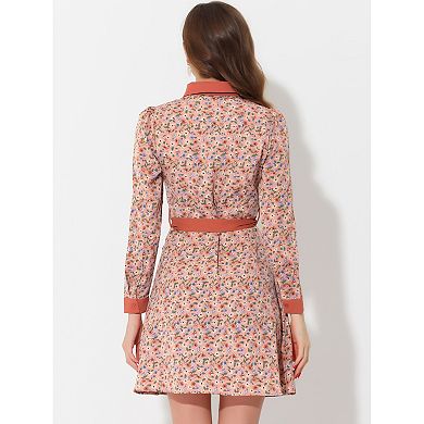 Women's Contrast Collar Button Front Vintage Floral Long Sleeve Shirt Dresses