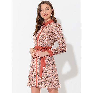 Women's Contrast Collar Button Front Vintage Floral Long Sleeve Shirt Dresses