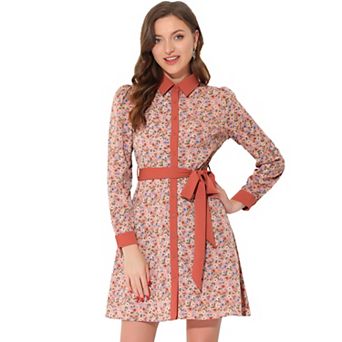 Women's Contrast Collar Button Front Vintage Floral Long Sleeve Shirt Dresses