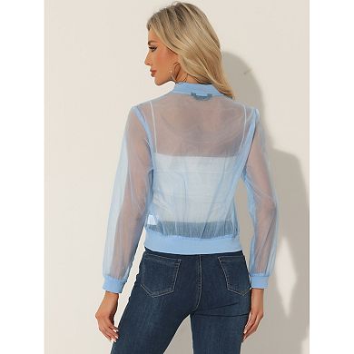 Women's Long Sleeves Zip Up See Through Lightweight Bomber Jacket