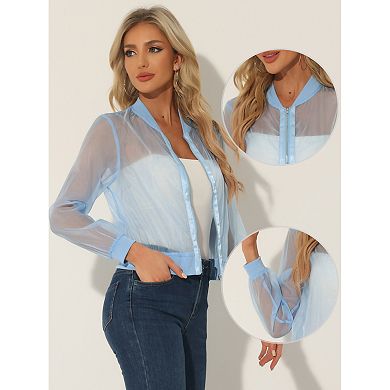 Women's Long Sleeves Zip Up See Through Lightweight Bomber Jacket