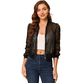 Women's Long Sleeves Zip Up See Through Lightweight Bomber Jacket