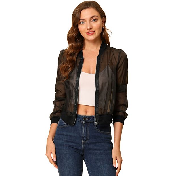 Allegra K Women s Zip Up See Through Lightweight Long Sleeve Mesh Bomber Jacket Black X Large