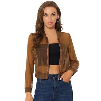 Women's Long Sleeves Zip Up See Through Lightweight Bomber Jacket