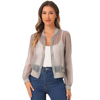 Women's Long Sleeves Zip Up See Through Lightweight Bomber Jacket