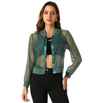 Women's Long Sleeves Zip Up See Through Lightweight Bomber Jacket