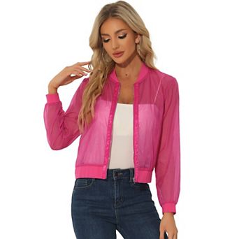 Women's Long Sleeves Zip Up See Through Lightweight Bomber Jacket