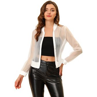 Women's Long Sleeves Zip Up See Through Lightweight Bomber Jacket