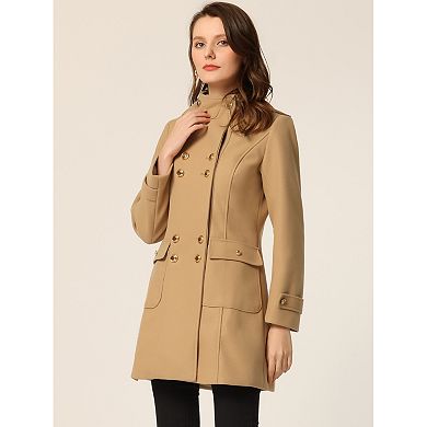 Women's Stand Collar Hooded Double Breasted Winter Long Overcoat