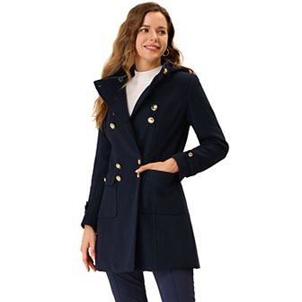 Women's Stand Collar Hooded Double Breasted Winter Long Overcoat