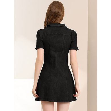 Women's Solid Color Turn Down Collar Fit & Flare Denim Dress