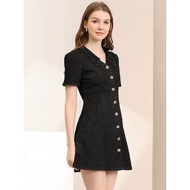 Women's Solid Color Turn Down Collar Fit & Flare Denim Dress
