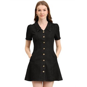Women's Solid Color Turn Down Collar Fit & Flare Denim Dress