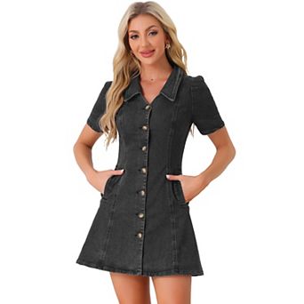 Women's Solid Color Turn Down Collar Fit & Flare Denim Dress