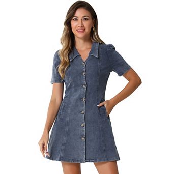 Women's Solid Color Turn Down Collar Fit & Flare Denim Dress