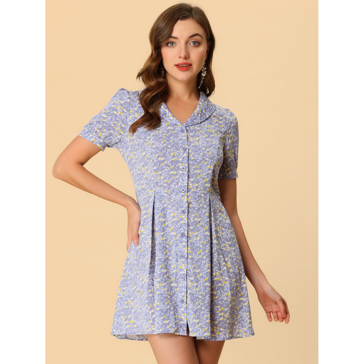 thumbnail image 2 of Women's Summer Floral Dress - Short Sleeve High Waist Fit & Flare Sundress 2 of 14