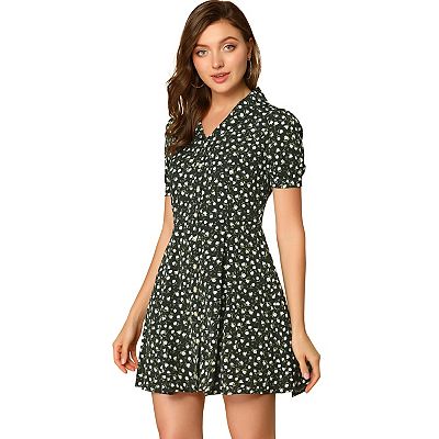 Floral V Neck Short Sleeve Button Front Summer Shirt Dress, Black / L
