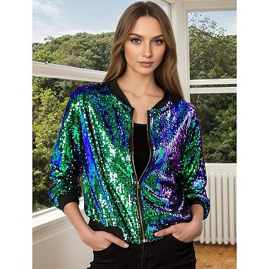 Women's Glitter Cropped Long Sleeve Zipper Bomber Jacket