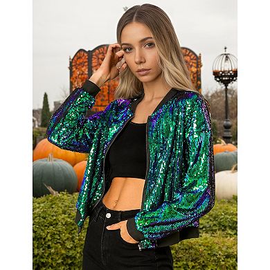 Women's Glitter Cropped Long Sleeve Zipper Bomber Jacket