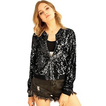 Women's Glitter Cropped Long Sleeve Zipper Bomber Jacket