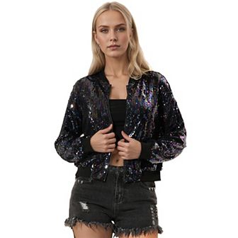 Women's Glitter Cropped Long Sleeve Zipper Bomber Jacket