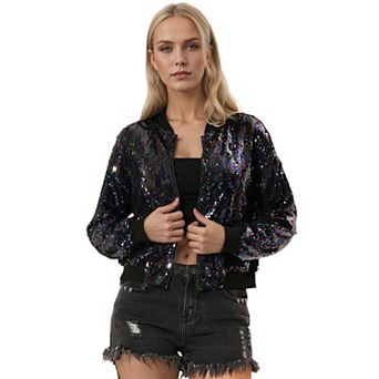 Women's Glitter Cropped Long Sleeve Zipper Bomber Jacket