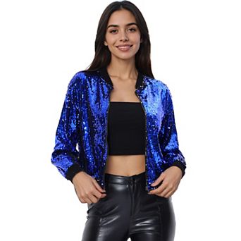 Women's Glitter Cropped Long Sleeve Zipper Bomber Jacket