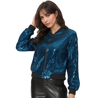 Women's Glitter Cropped Long Sleeve Zipper Bomber Jacket