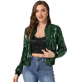 Women's Glitter Cropped Long Sleeve Zipper Bomber Jacket