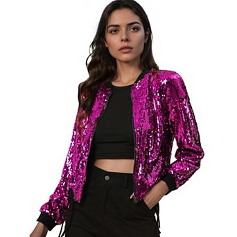 Women's Glitter Cropped Long Sleeve Zipper Bomber Jacket