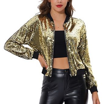Women's Glitter Cropped Long Sleeve Zipper Bomber Jacket