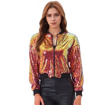 Women's Glitter Cropped Long Sleeve Zipper Bomber Jacket